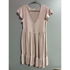 See You Monday Ribbed Babydoll Mini Dress Blush Pink Button Front Size M